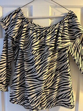MICHAEL KORS Zebra Print Blouse with Double Ruffle Neckline.